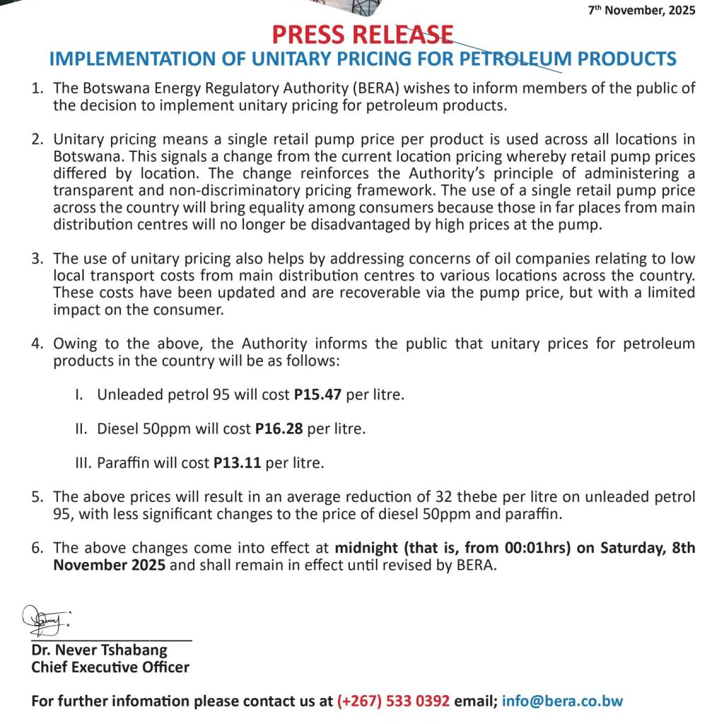 BERA Implementation of Unitary Pricing for Petroleum Products 7 Nov 2025 oiEnergy